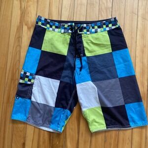 360 Surf Mens Colorblock Checkerboard Board Shorts Blue Green Black Size 32